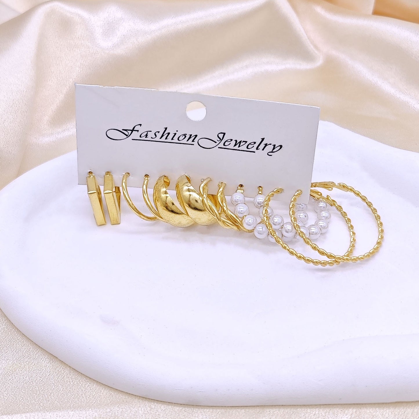 5 Sets Geometric Alloy Hoop and Pearl Earrings Set