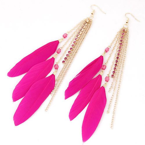 New Fashion Metal Tassel Feather Earrings with Rhinestone Embellishment