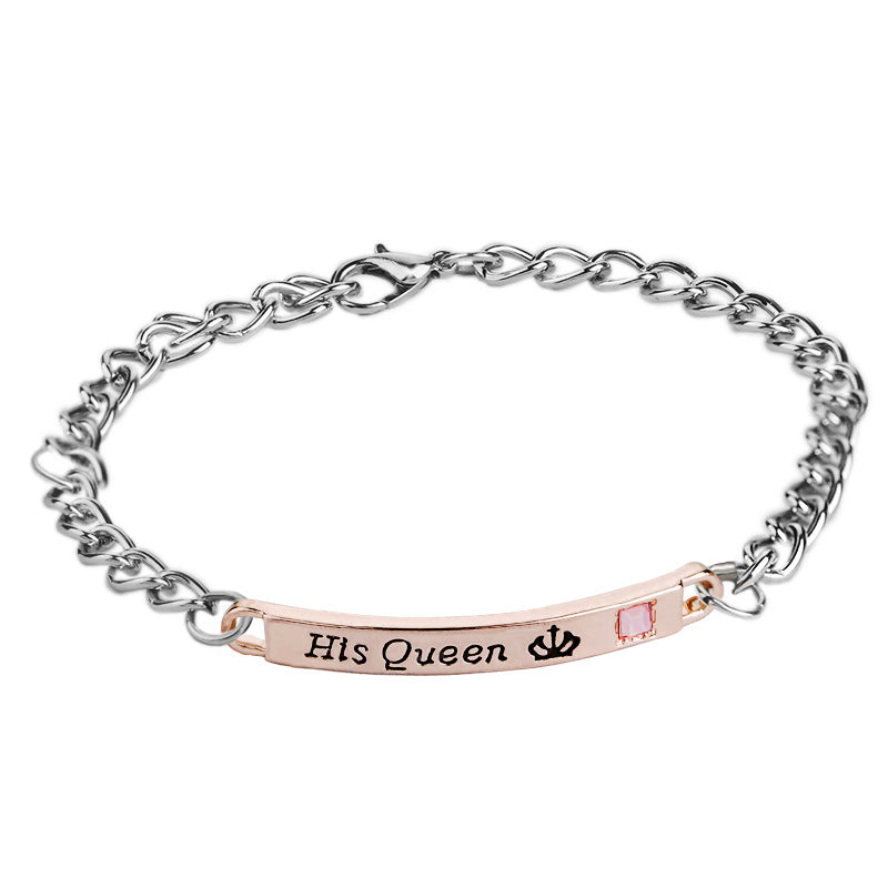 New Couple Her King His Queen Fashion Simple English Alphabet Diamond Id Bracelet