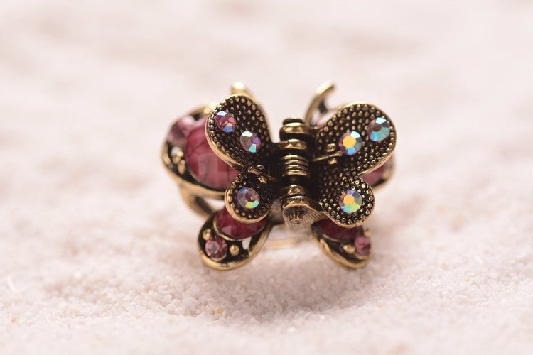 Retro Bronze Butterfly Hair Claw with Resin Bow and Gemstone Inlay