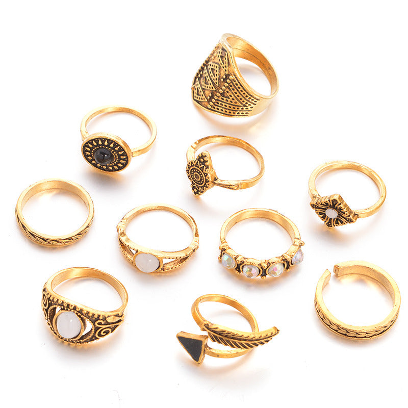 Retro Geometric Diamond Alloy Ring 10-Piece Set for Women