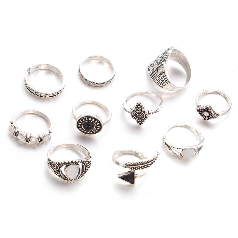 Retro Geometric Diamond Alloy Ring 10-Piece Set for Women