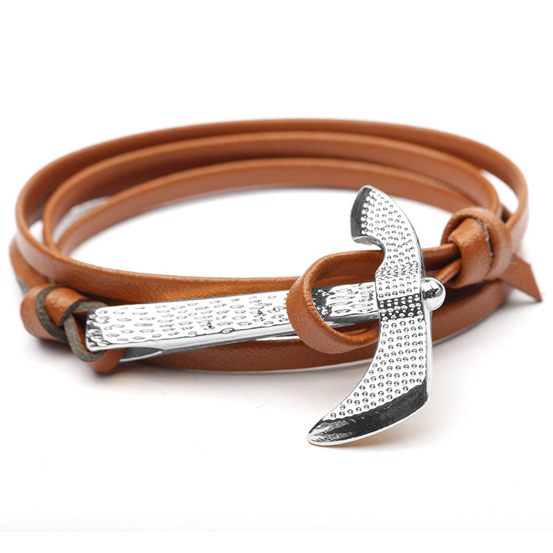 Ethnic Geometric Alloy Plated Unisex Bracelet with Leather Rope and Viking Anchor Axe Design