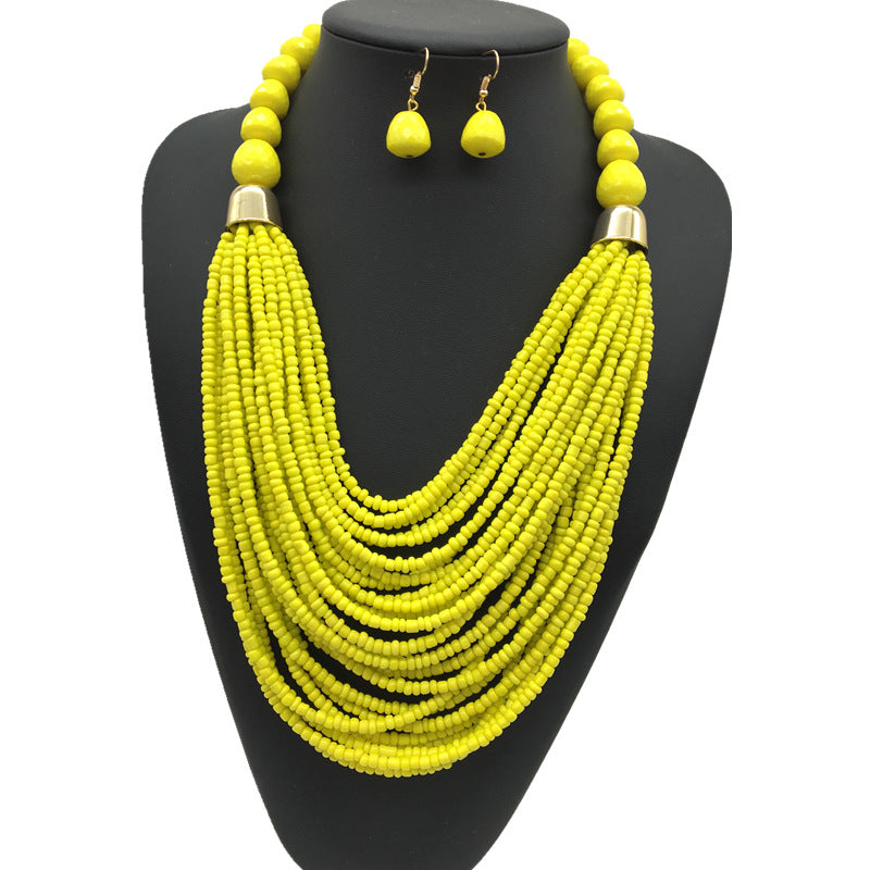 Exaggerated Bohemian Multi-Layer Acrylic Beaded Necklace Jewelry Set