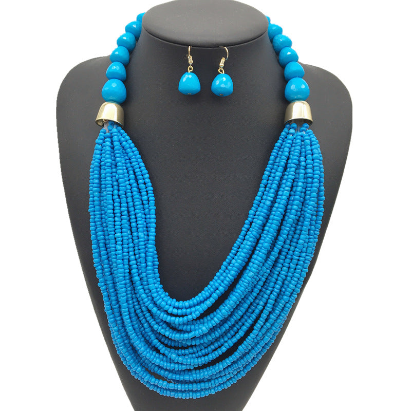 Exaggerated Bohemian Multi-Layer Acrylic Beaded Necklace Jewelry Set