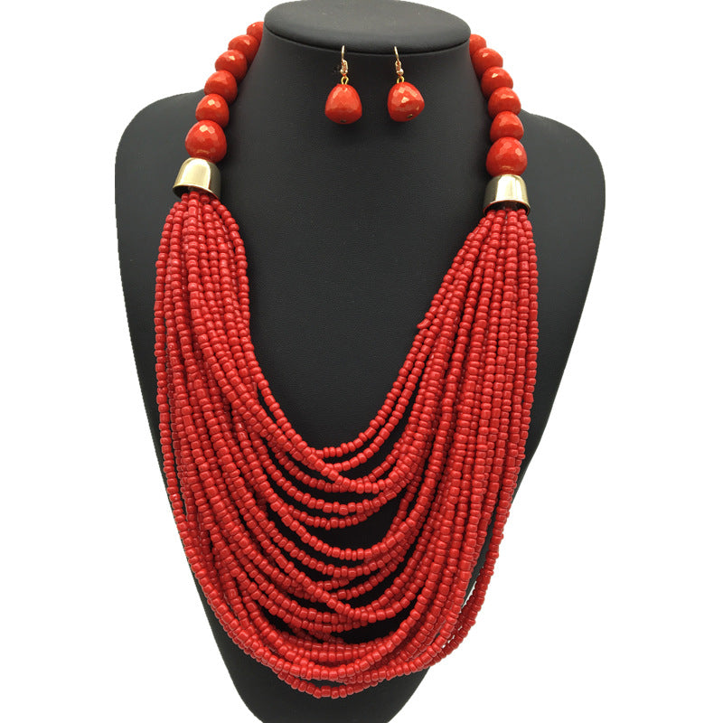 Exaggerated Bohemian Multi-Layer Acrylic Beaded Necklace Jewelry Set