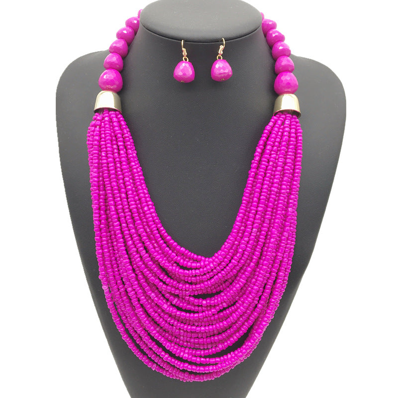 Exaggerated Bohemian Multi-Layer Acrylic Beaded Necklace Jewelry Set