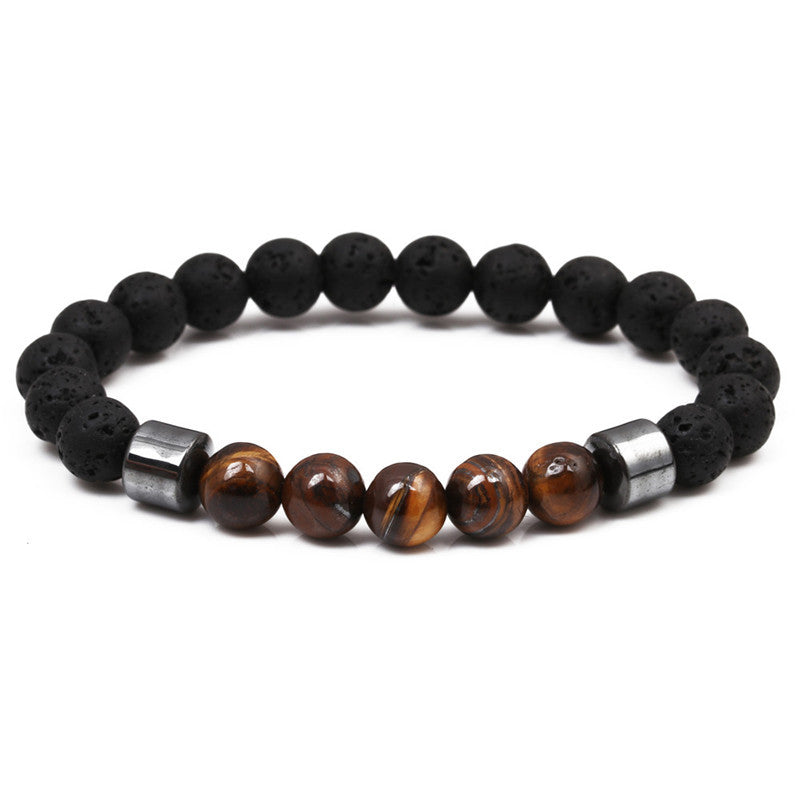 Natural Stone Geometric Beaded Bracelet with Tiger Eye and Volcanic Stone