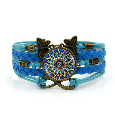 Retro Bohemian Mandala Glass Inlay Butterfly Leather Layered Bracelet