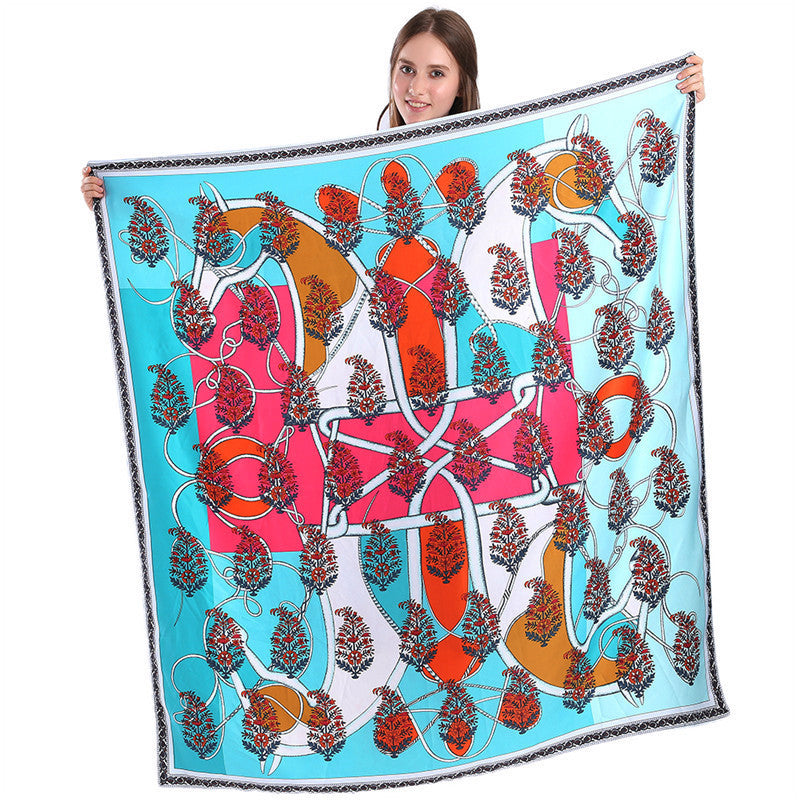 Equestrian Print Twill Silk Square Scarf 130cm Fashionable Shawl