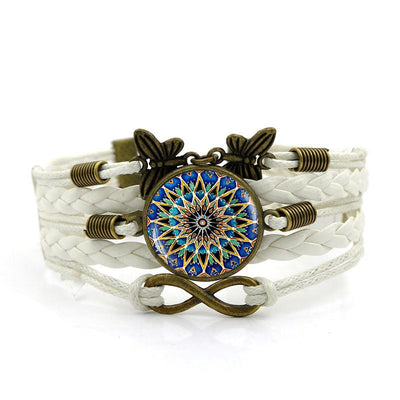 Retro Bohemian Mandala Glass Inlay Butterfly Leather Layered Bracelet