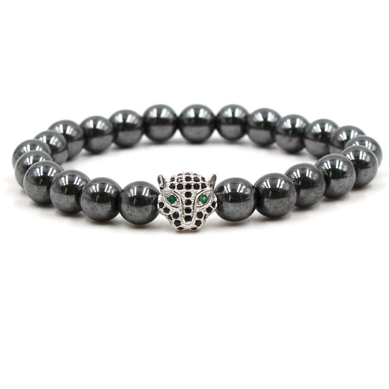 Natural Stone Alloy Panther Beaded Bracelet for Men