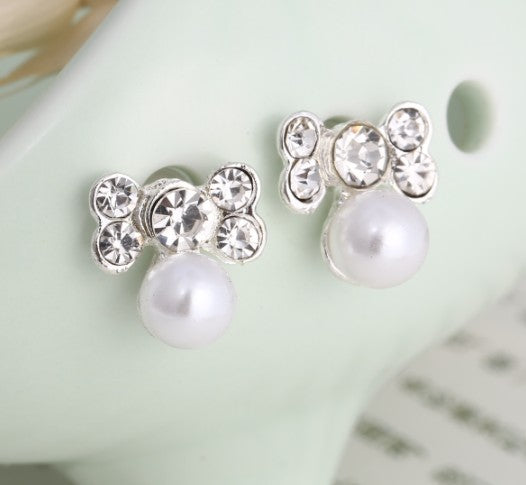 Asymmetric Rhinestone & Pearl Butterfly Stud Earrings - Korean Fashion Trend