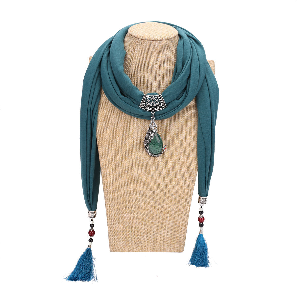 Women's Elegant Cotton Tassel Scarf with Ceramic Bead Peacock Pendant