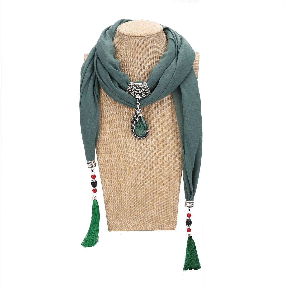 Women's Elegant Cotton Tassel Scarf with Ceramic Bead Peacock Pendant