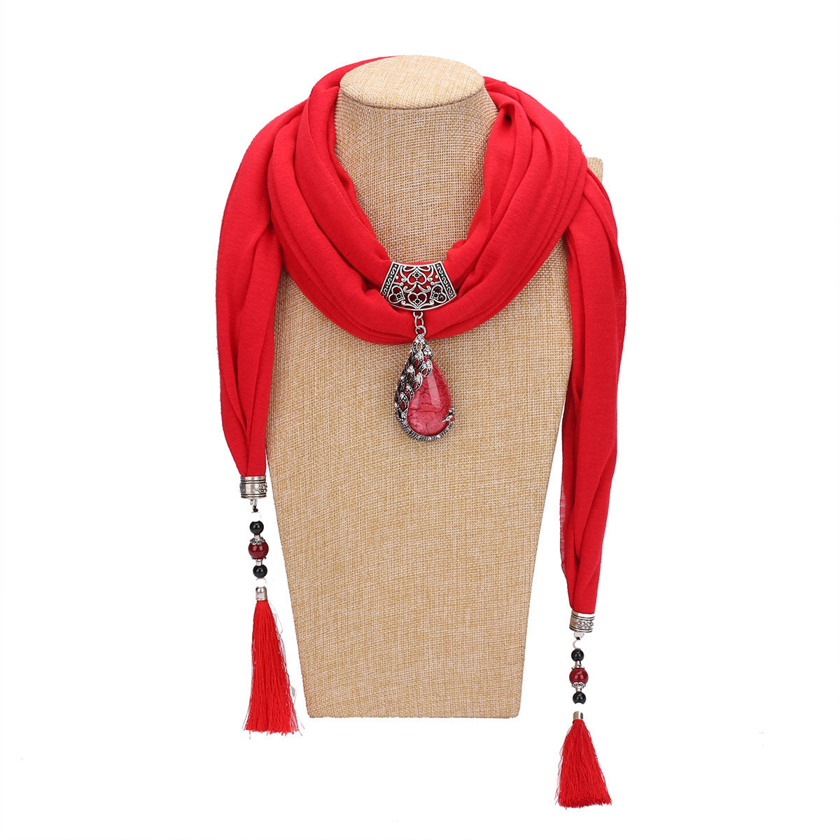 Women's Elegant Cotton Tassel Scarf with Ceramic Bead Peacock Pendant