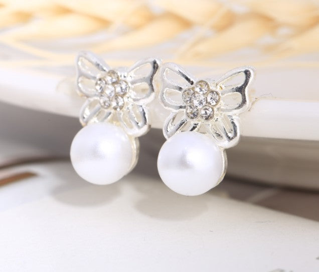 Asymmetric Rhinestone & Pearl Butterfly Stud Earrings - Korean Fashion Trend