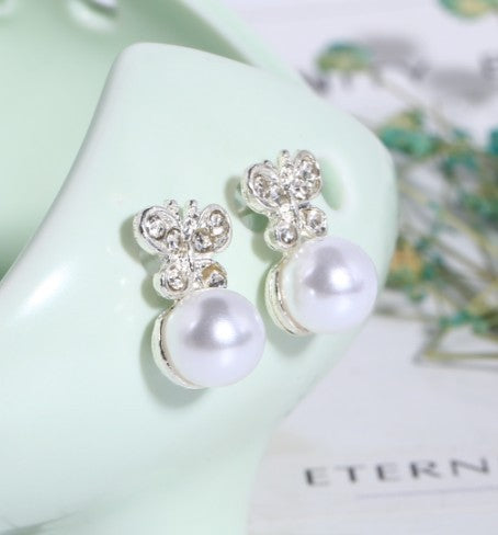 Asymmetric Rhinestone & Pearl Butterfly Stud Earrings - Korean Fashion Trend