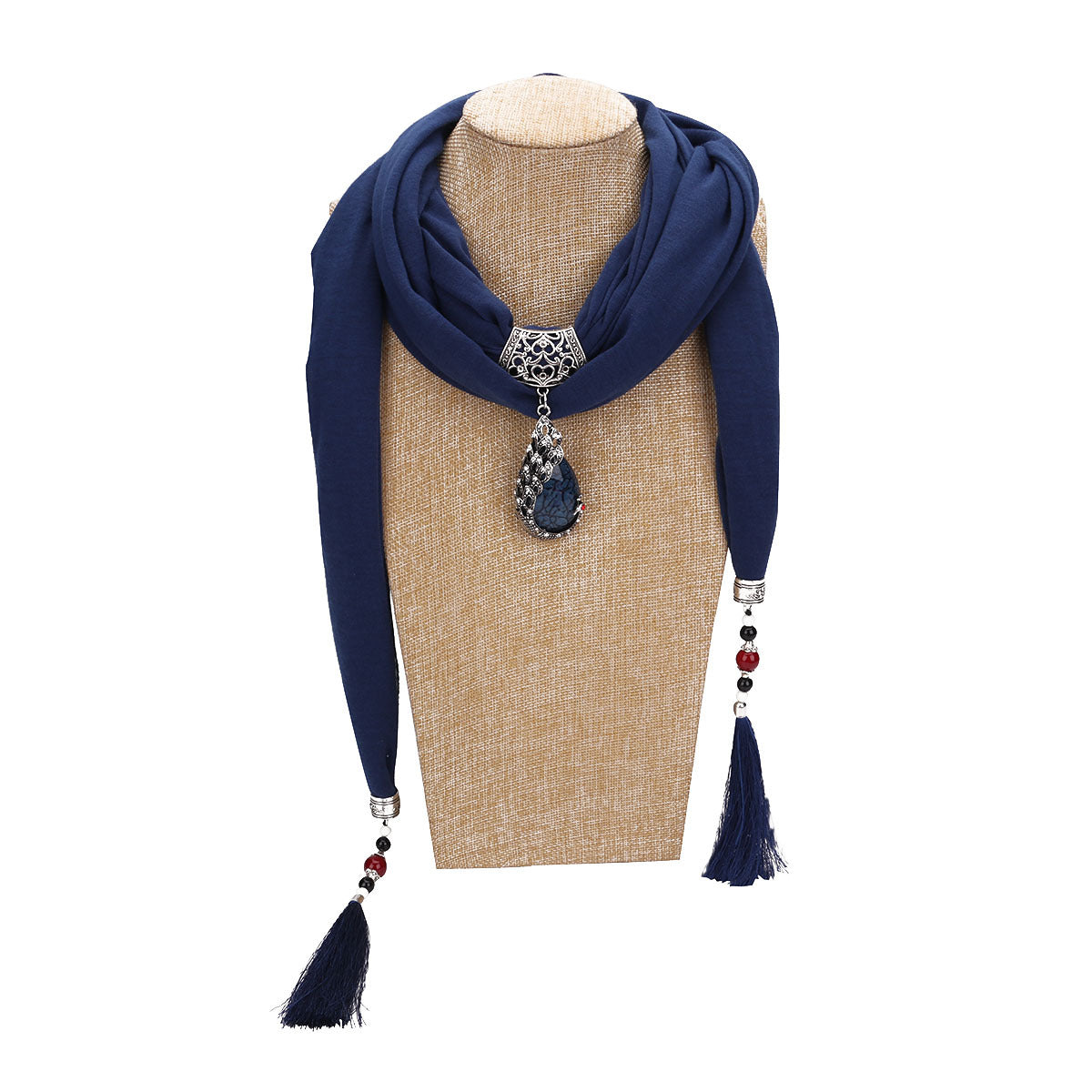 Women's Elegant Cotton Tassel Scarf with Ceramic Bead Peacock Pendant