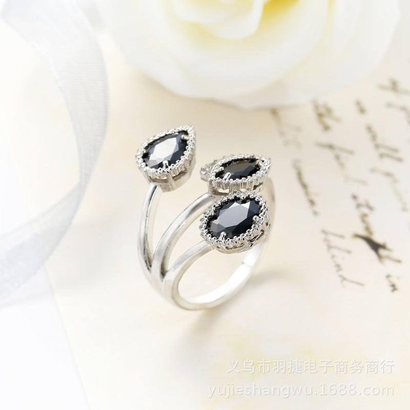 Casual Geometric Black Crystal Zircon Adjustable Ring