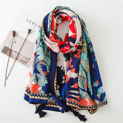 Women's Summer Cotton Linen Silk Scarf with Tassel Print - Sunshade Beach Shawl