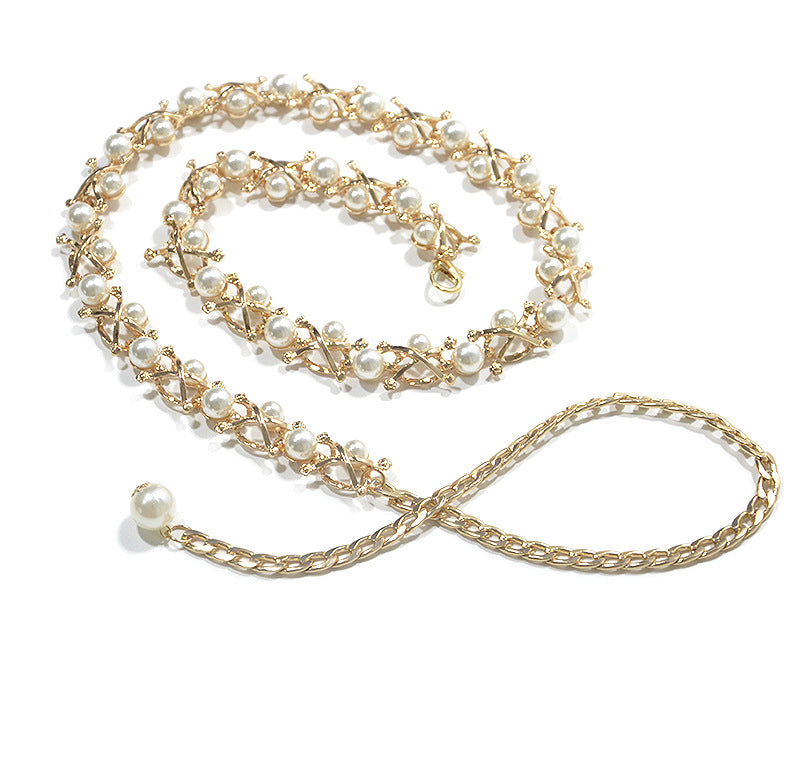 Women's Solid Color Alloy Chain Belt with Pearl Embellishments