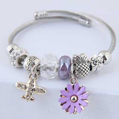 Fashion Flower Alloy Beaded Rhinestone Pendant Open Cuff Bracelet