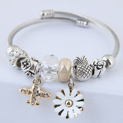 Fashion Flower Alloy Beaded Rhinestone Pendant Open Cuff Bracelet