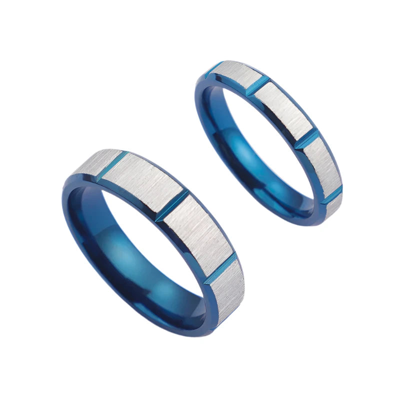 Simple Geometric Titanium Steel Couple Rings with Classic Blue Groove