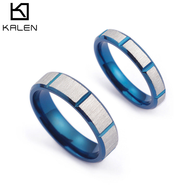 Simple Geometric Titanium Steel Couple Rings with Classic Blue Groove