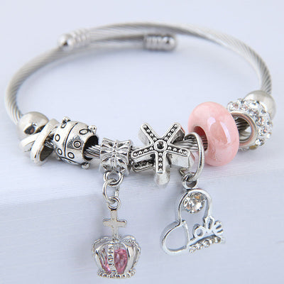 Hip-hop Geometric Crown Stainless Steel Zircon Charm Bracelet