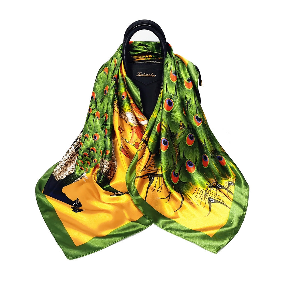 90cm Spring Peacock Print Silk Square Scarf Shawl Headscarf