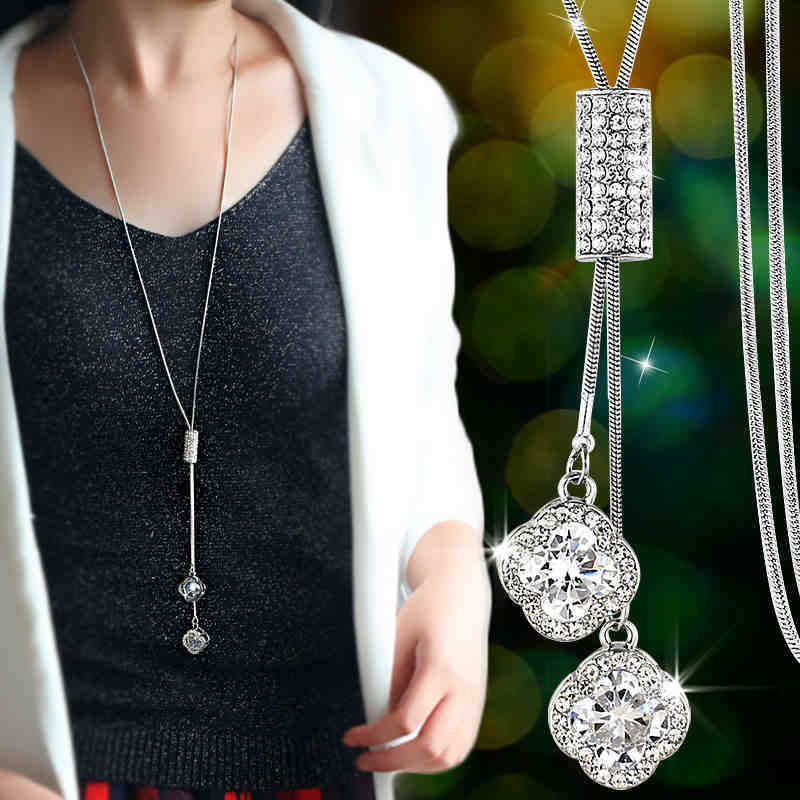 Classic Crystal Gemstone Women's Sweater Pendant Necklace