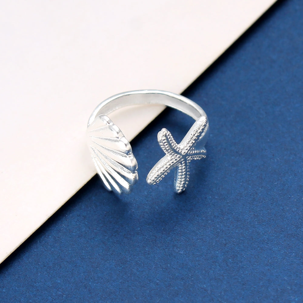 925 Silver Asymmetrical Starfish Shell Open Ring - Japanese Style Beach Vacation Jewelry