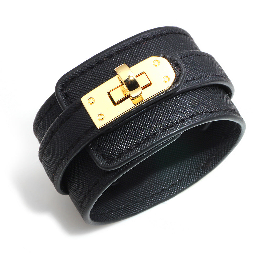 Ins Style Solid Color PU Leather Alloy Bangle - European and American Fashion Wide Leather Bracelet