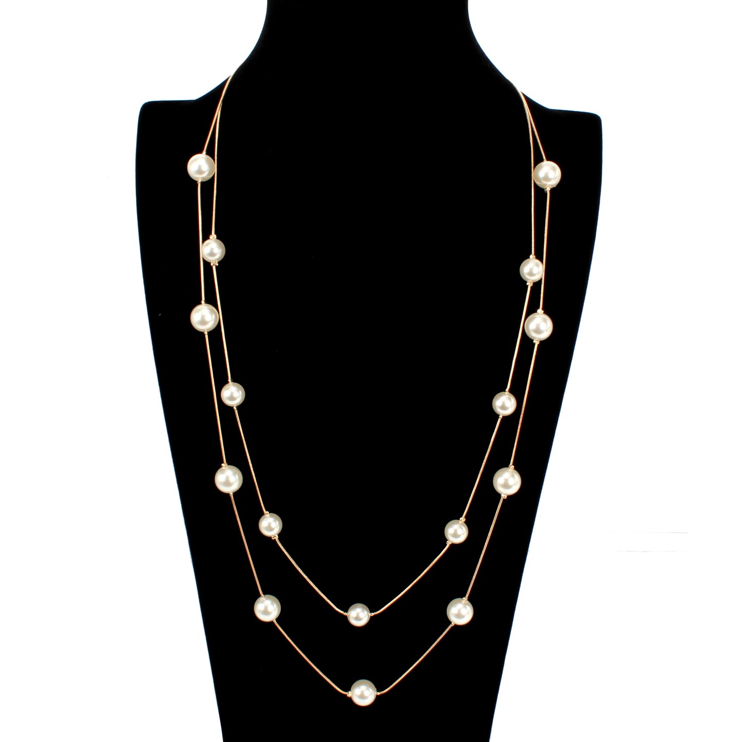 Korean Geometric Double Layer Pearl Necklace - White Alloy Long Sweater Chain