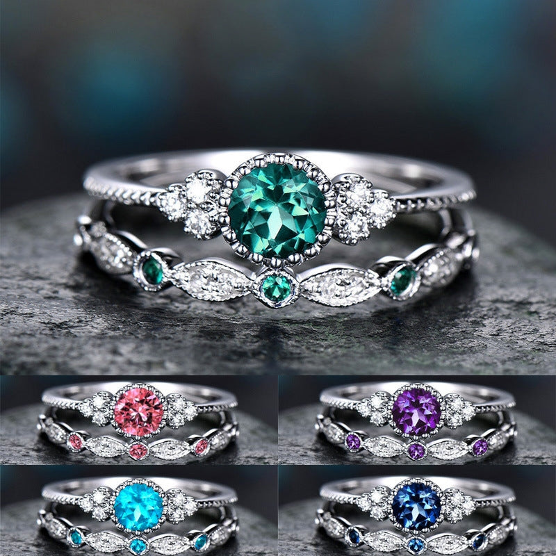 Elegant Green Zircon & Sapphire Women's Alloy Ring Set