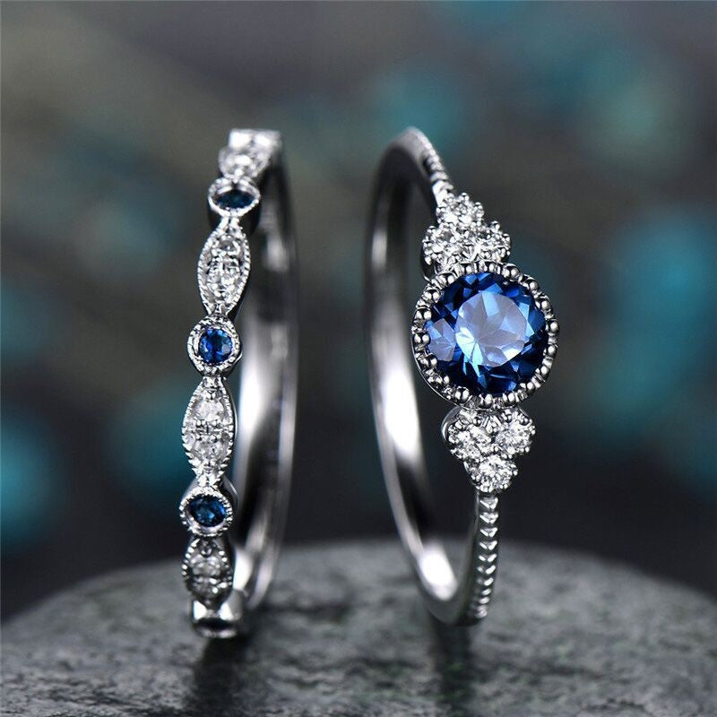 Elegant Green Zircon & Sapphire Women's Alloy Ring Set