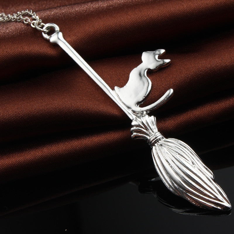 Alloy Plated Witch Broom Pendant Necklace for Women