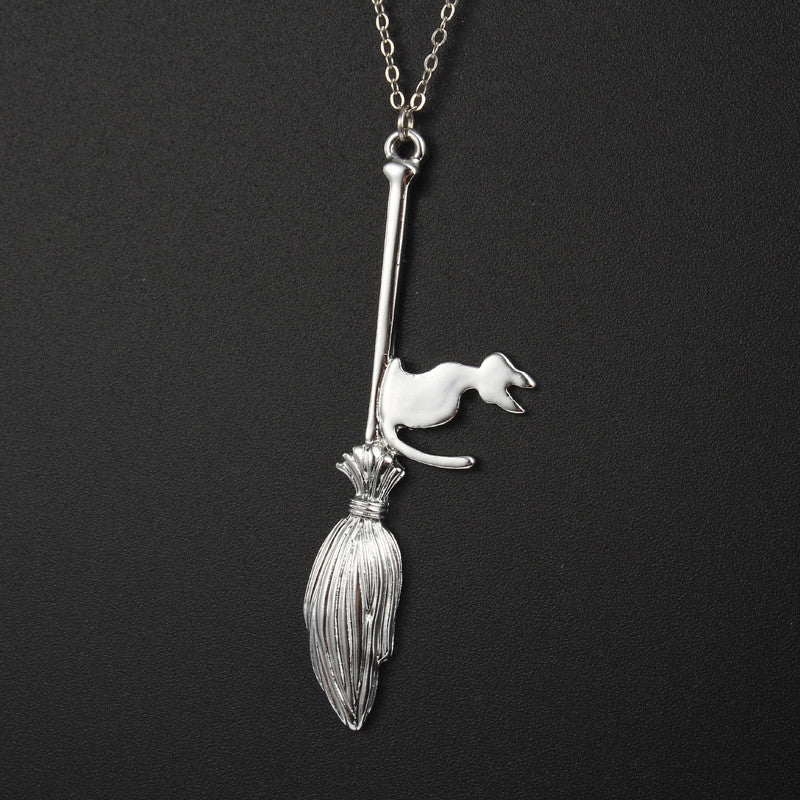 Alloy Plated Witch Broom Pendant Necklace for Women