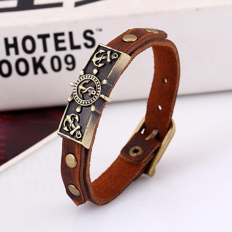 Vintage Cowhide Leather Bracelet with Distressed Effect - Alloy Design, European and American Style, Perfect Gift