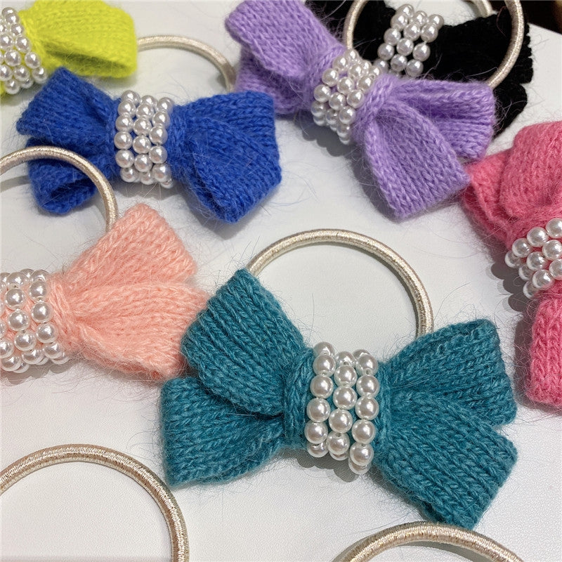 Autumn Winter Bow Wool Headband with Pearl Hair Tie for Women