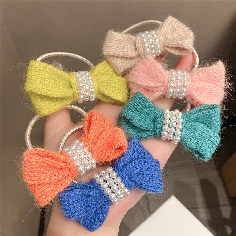 Autumn Winter Bow Wool Headband with Pearl Hair Tie for Women