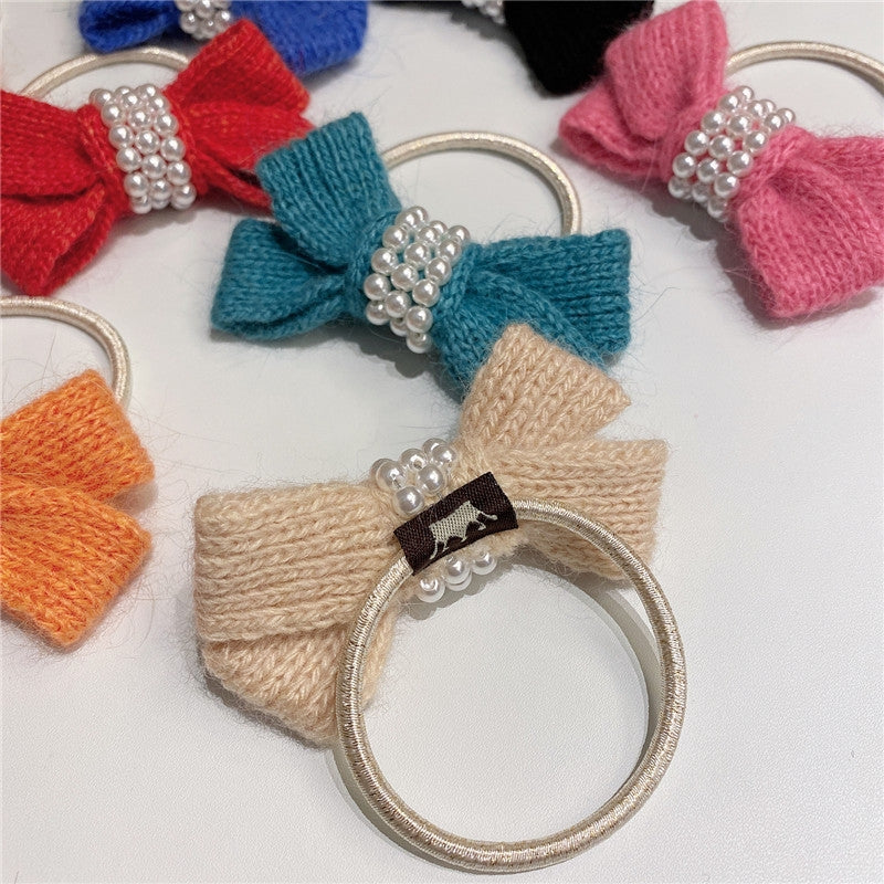 Autumn Winter Bow Wool Headband with Pearl Hair Tie for Women