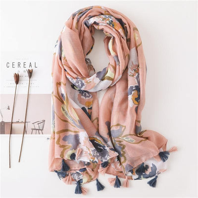 Women's Cotton Scarf with Splash Ink Floral Design - Fashionable Sun Shawl for All Seasons