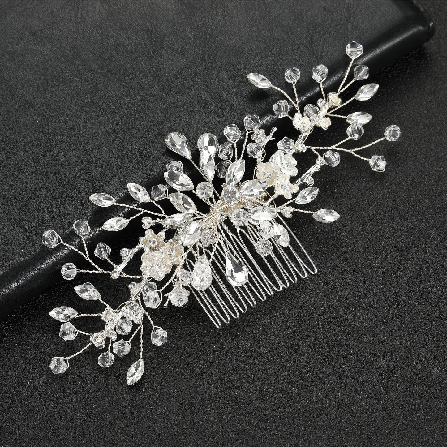 Baroque Silver Alloy Flower Rhinestone Hair Comb Bridal Accessories