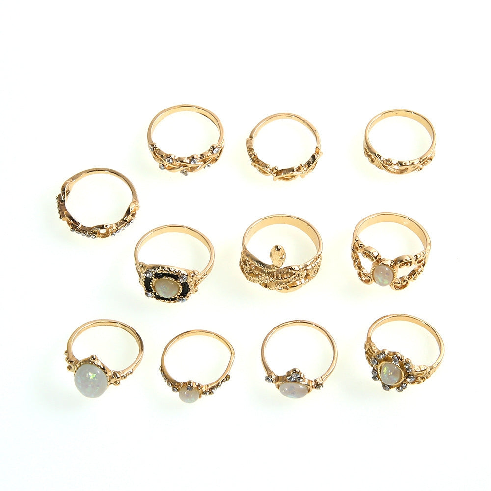 Baroque Serpentine Ring Set with Colored Gemstones - 11 Piece Collection