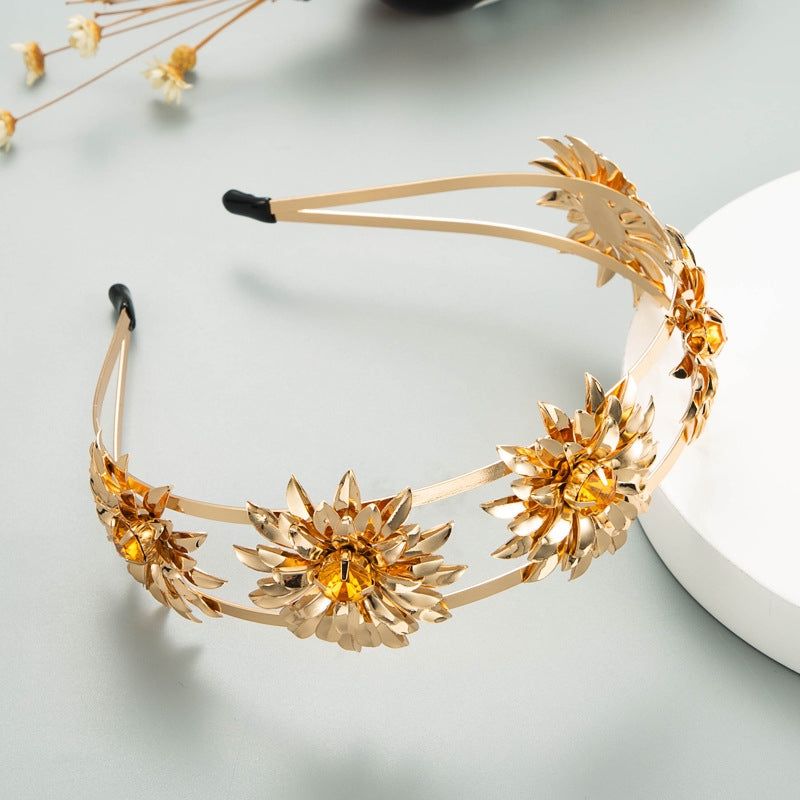 Baroque Gold Leaf Flower Rhinestone Double Layer Headband