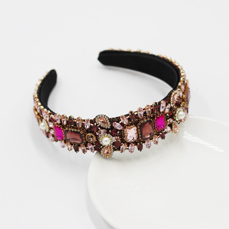 Baroque Pearl Rhinestone Velvet Headband with Glass Bead Accents