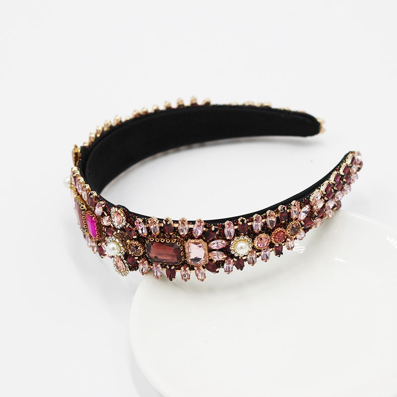 Baroque Pearl Rhinestone Velvet Headband with Glass Bead Accents